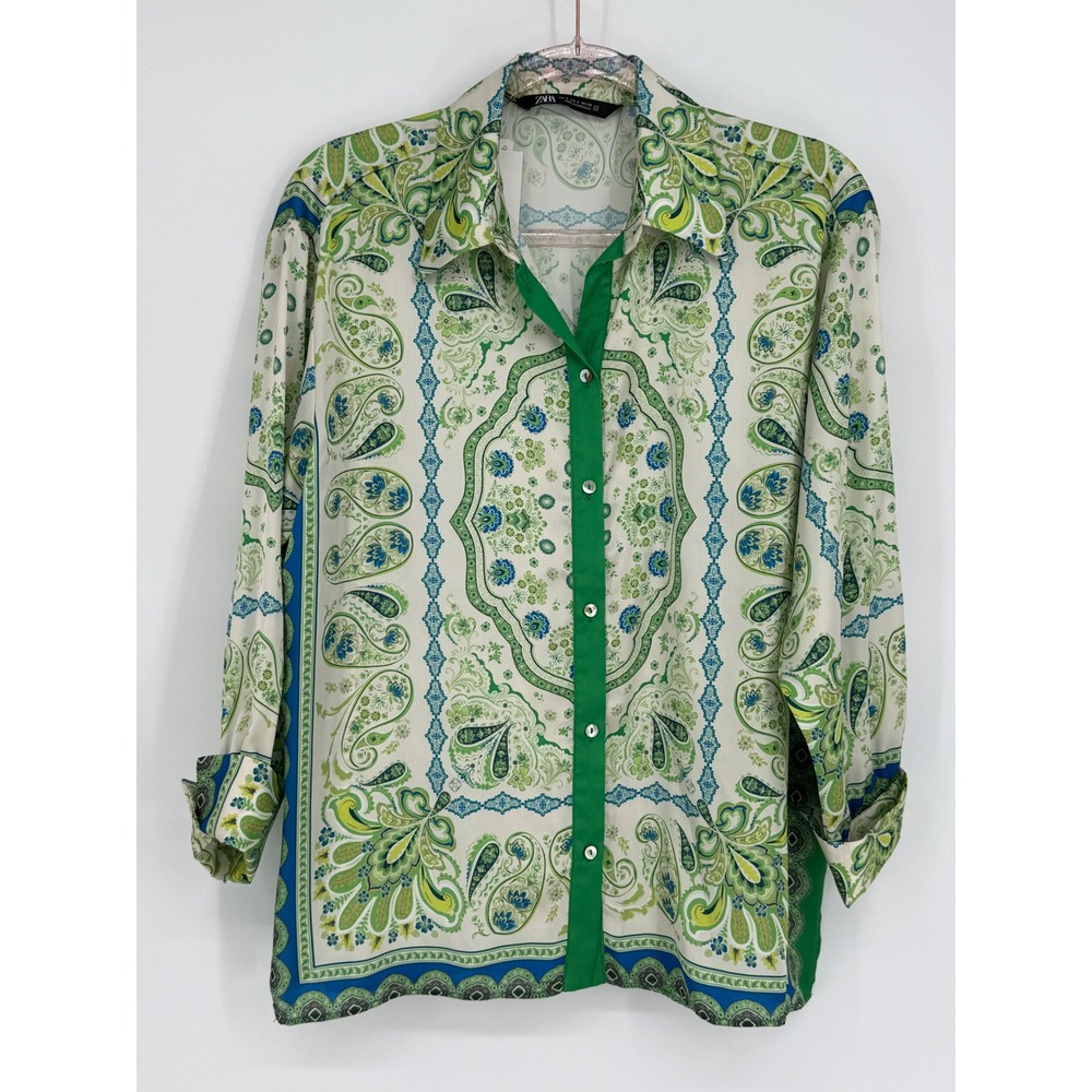 ZARA Paisley Boho Button Up Shirt Long Sleeve Green Blue Blouse Sz S Org $49